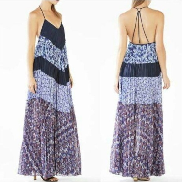 BCBGMaxAzria Spaghetti Strap Pleated Maxi Dress/Gown Blue/Red Size S - Picture 3 of 16